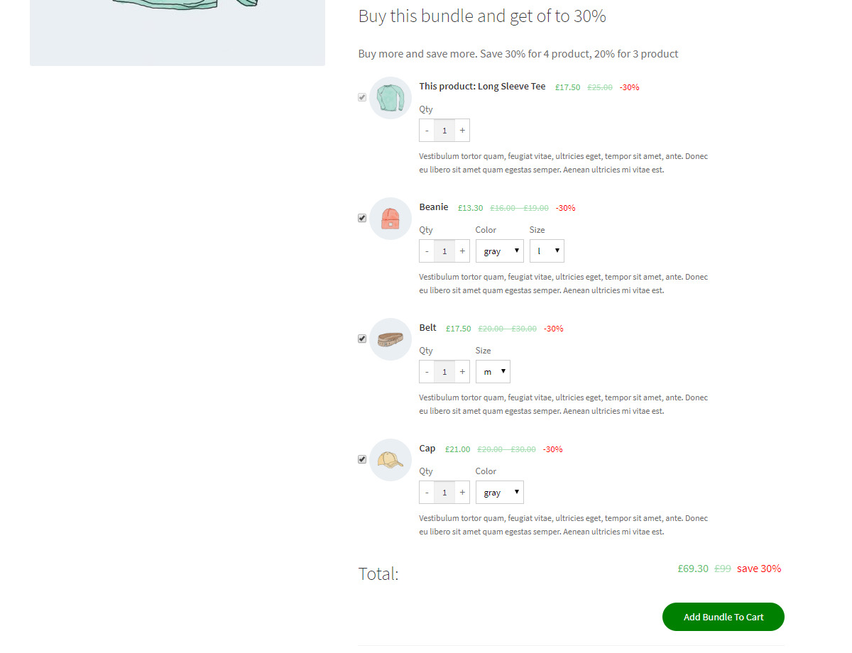 A bundle of four products with quantity and size options, a 30% discount and an Add Bundle To Cart button