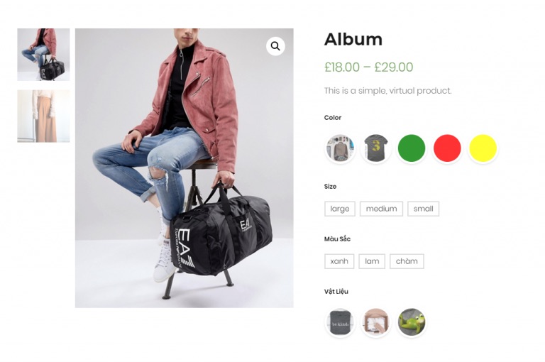 A product page with colour dots, image swatches and size buttons in place of drop-down menus